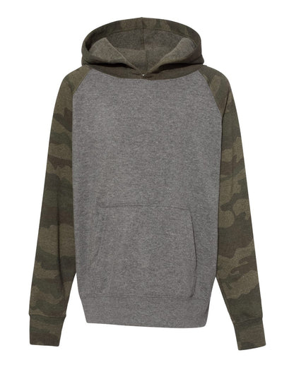 Independent Trading Co. Youth Lightweight Special Blend Raglan Hooded Sweatshirt PRM15YSB #color_Nickel Heather/ Forest Camo