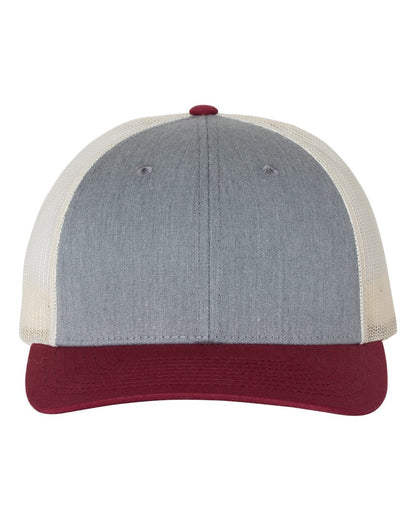 Richardson Low Pro Trucker Cap 115 #color_Heather Grey/ Birch/ Cardinal