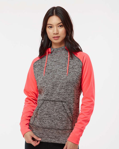 J. America Women’s Colorblocked Cosmic Fleece Hooded Sweatshirt 8618 #colormdl_Charcoal Fleck/ Fire Coral