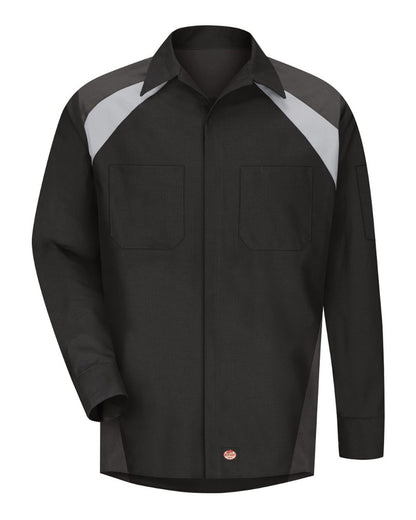 Red Kap Men's Tall Long Sleeve Tri-Color Shop Shirt SY18T #color_Black/ Charcoal/ Light Grey