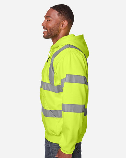 Berne Apparel Men's Tall Hi-Vis Class 3 Lined Full-Zip Hooded Sweatshirt HVF021T #colormdl_Hi Vis Yellow
