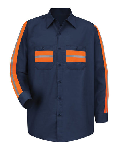 Red Kap Men's Industrial Enhanced-Visibility Long Sleeve Work Shirt SP14E #color_Navy/ Orange Trim
